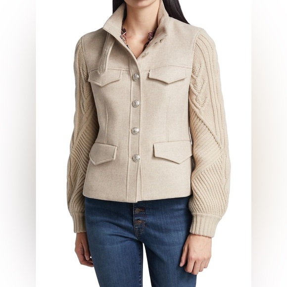 Veronica Beard Arshia Wool Blend Jacket Oatmeal Cable Knit Sleeves Size 6 - Picture 13 of 16